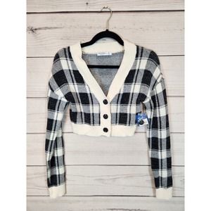 Arizona Jean Co Women Black White Plaid Long Sleeve Cropped Cardigan Size XS NWT